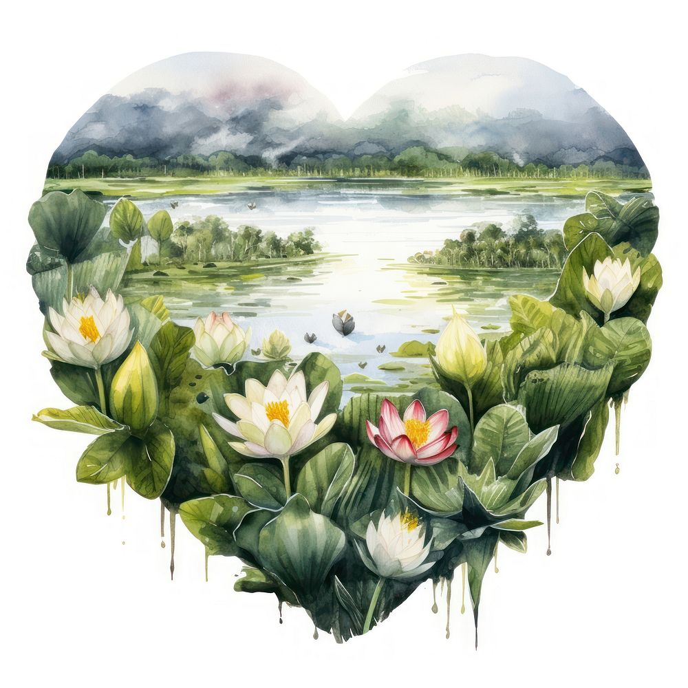 Heart watercolor lotus lake landscape outdoors nature.