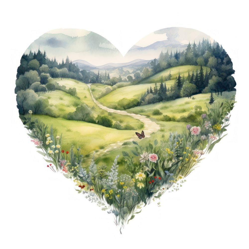 Heart watercolor meadow landscape outdoors nature.