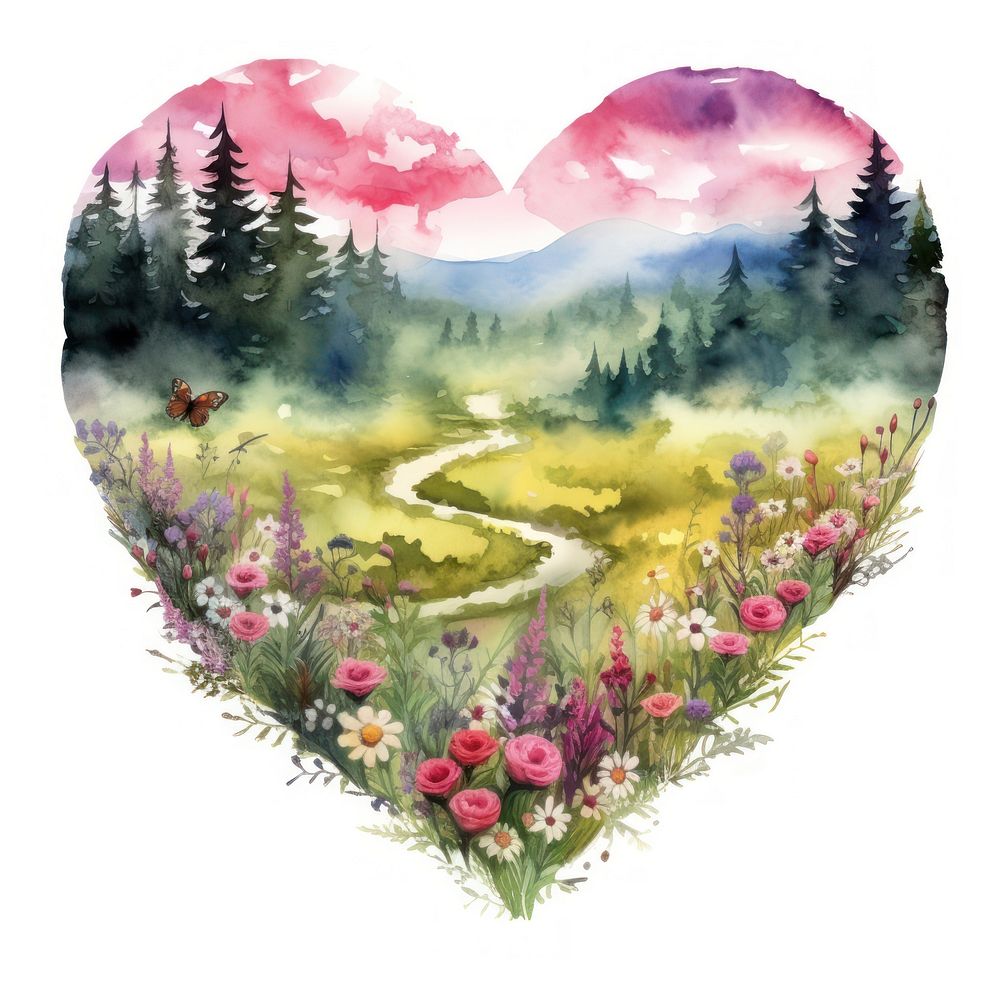 Heart watercolor meadow landscape painting white background.