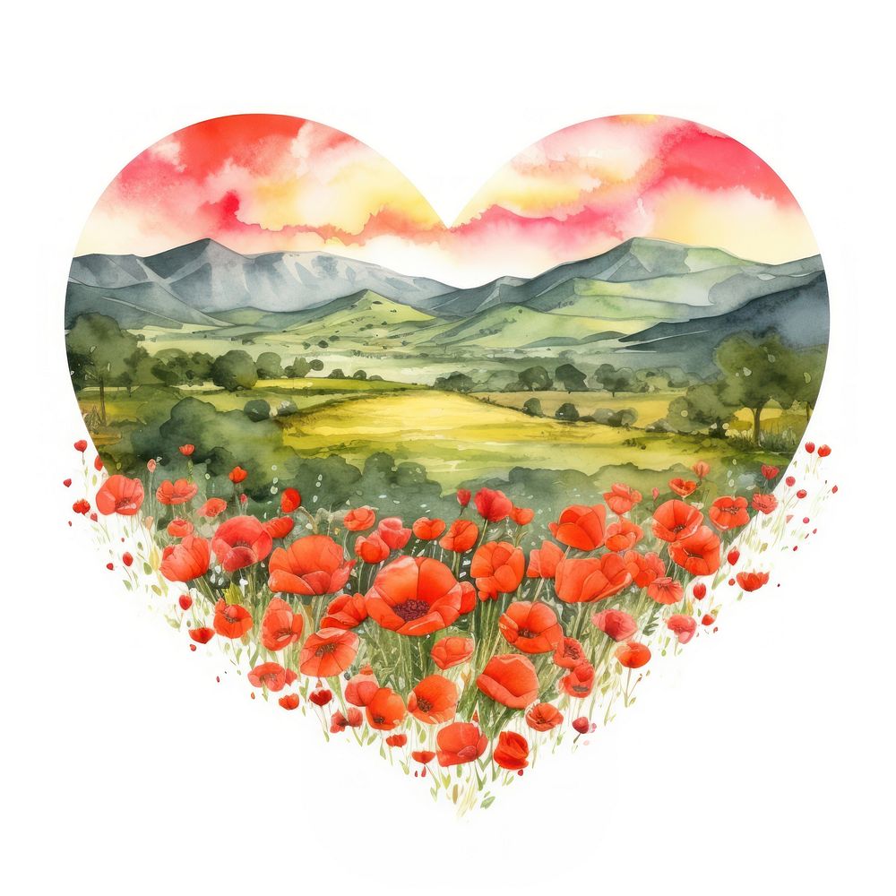 Heart watercolor poppy field landscape painting flower.