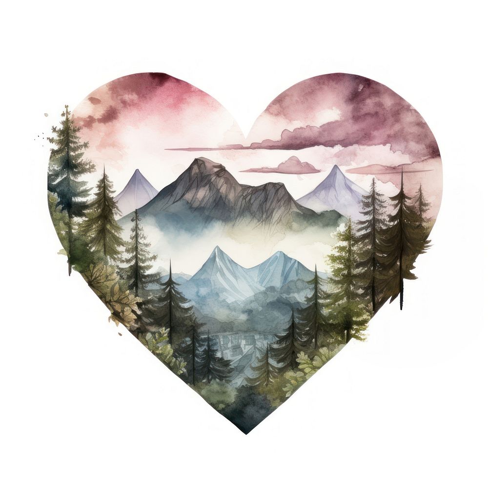Heart watercolor pyramid landscape outdoors white background.
