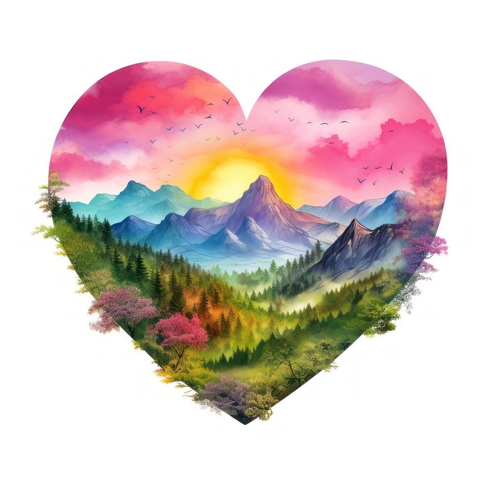 Heart watercolor rainbow landscape painting outdoors.