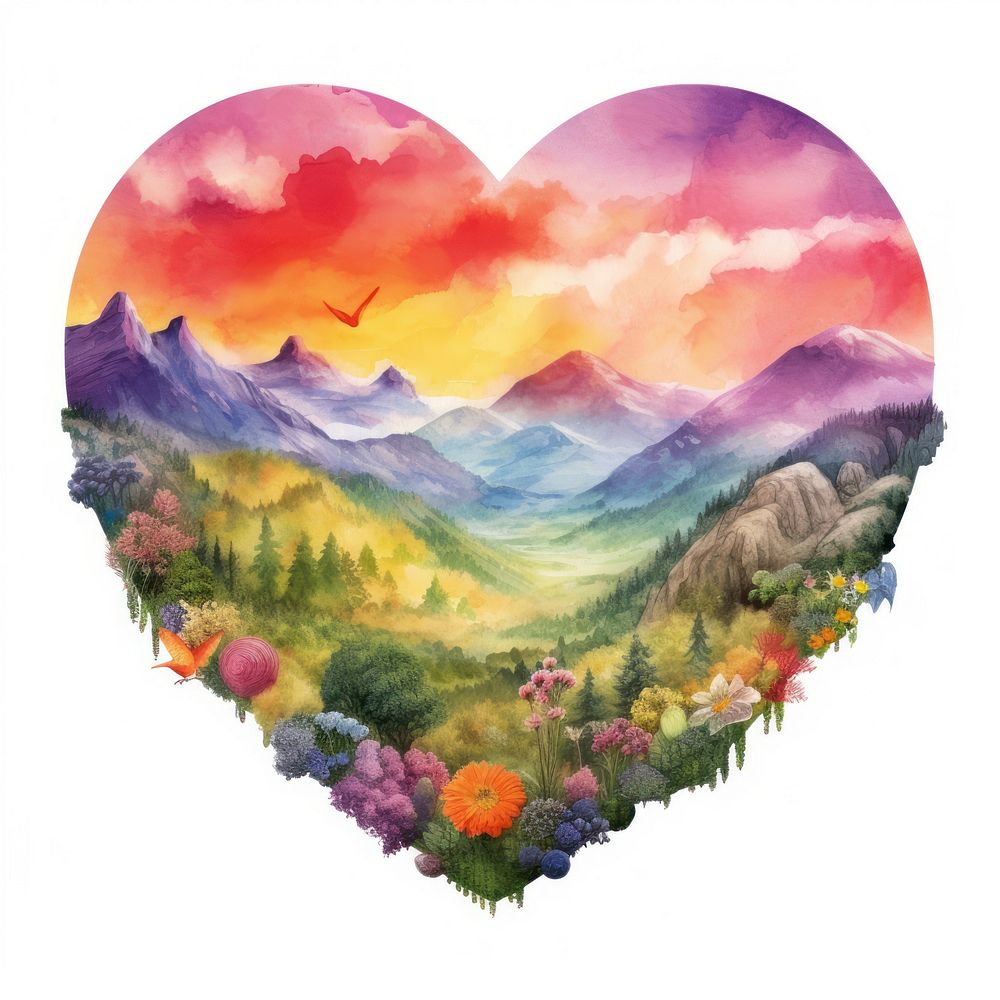 Heart watercolor rainbow landscape painting tranquility.