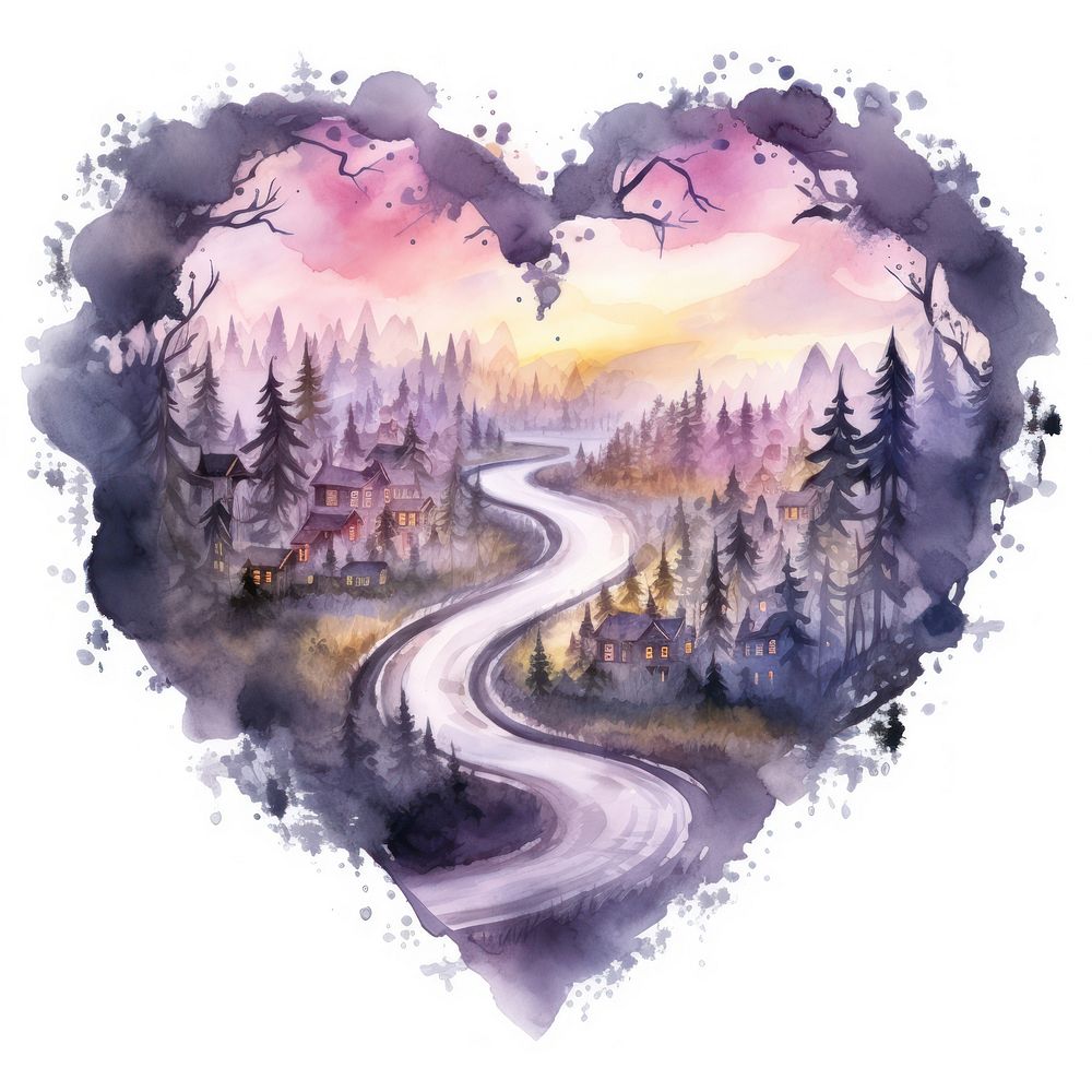 Heart watercolor road landscape outdoors painting.