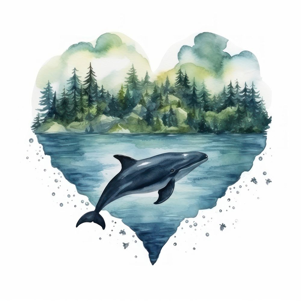 Heart watercolor sea dolphin animal mammal.