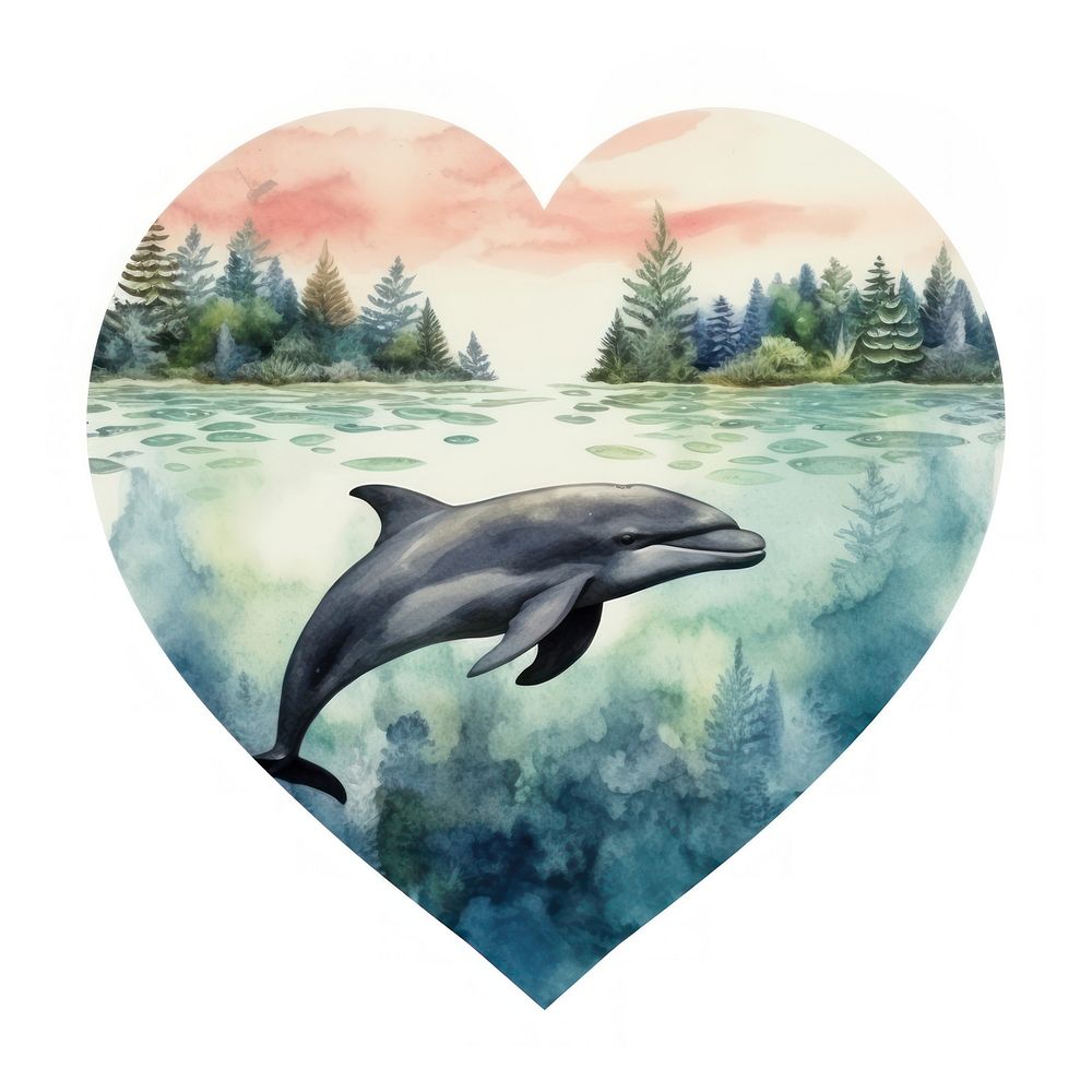 Heart watercolor sea dolphin animal mammal.