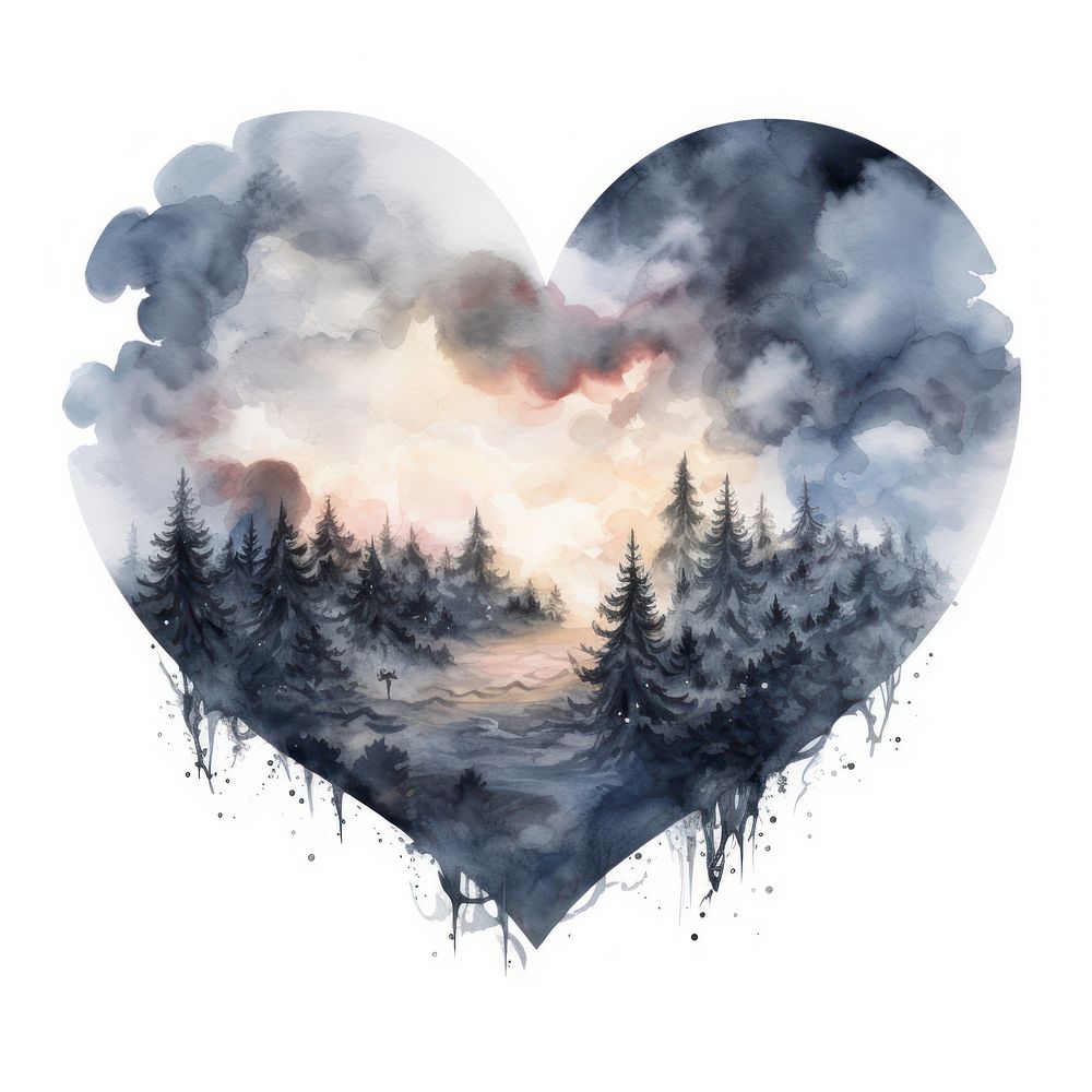 Heart watercolor storm landscape outdoors white background.