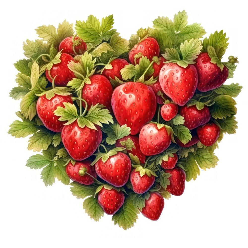 Heart watercolor stawberry bush strawberry fruit plant.