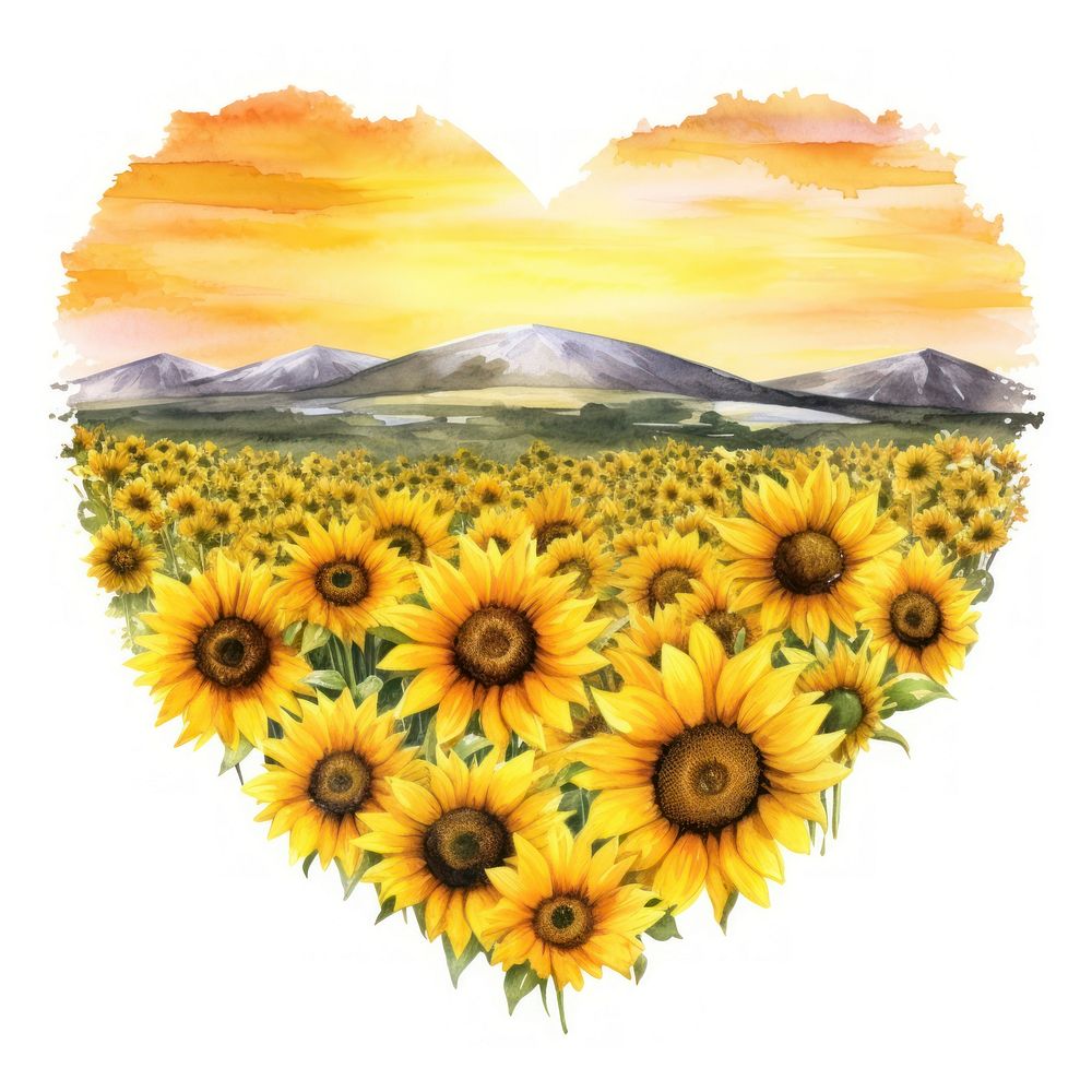 Heart watercolor sunflower field landscape outdoors nature.