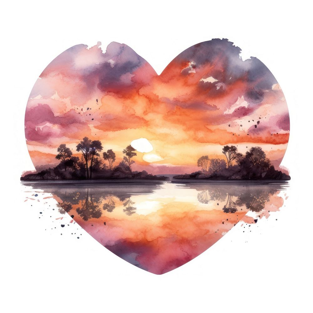Heart watercolor sunset painting outdoors nature.