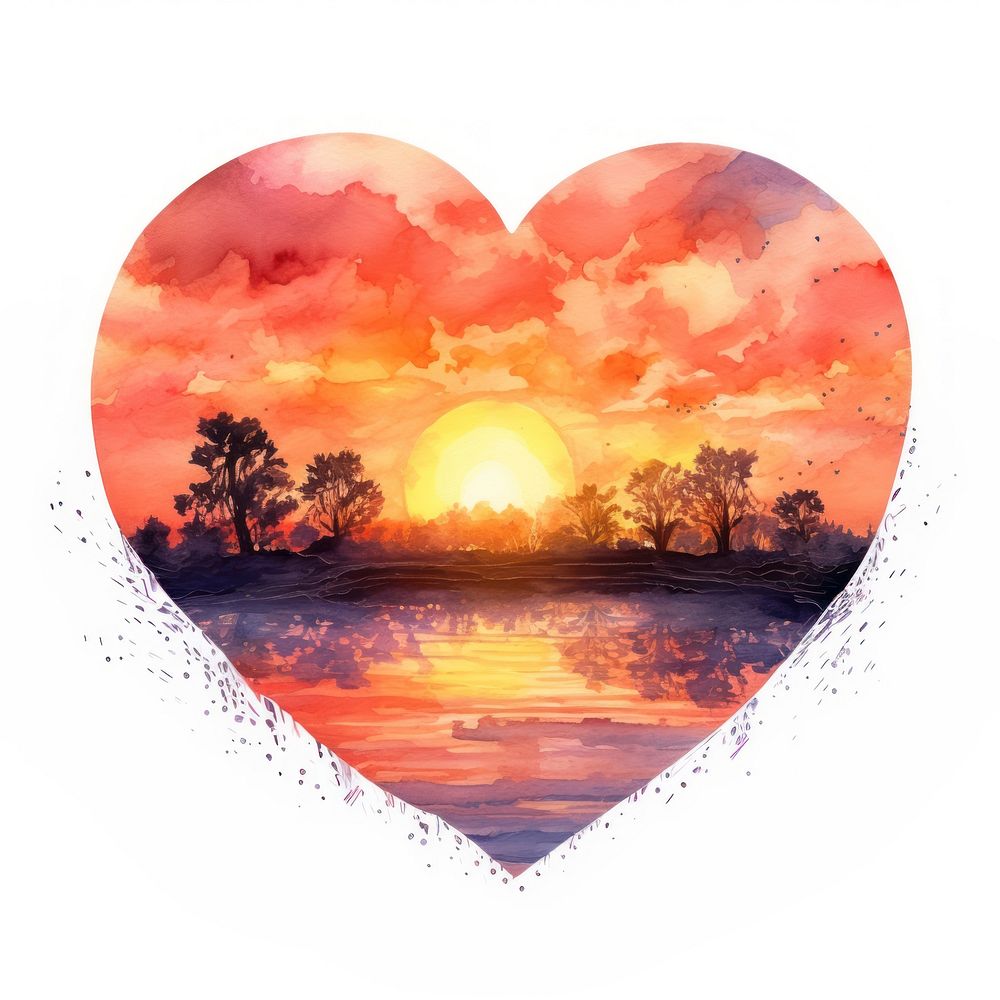 Heart watercolor sunset tranquility heart shape reflection.