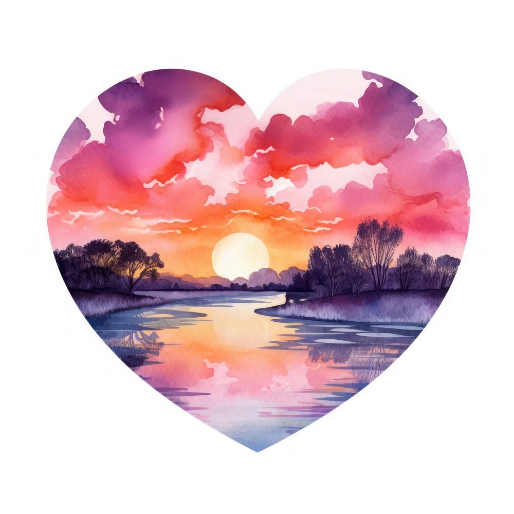 Heart watercolor sunset outdoors nature white background.