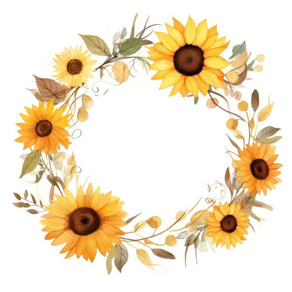 Sunflower border watercolor circle plant white background.