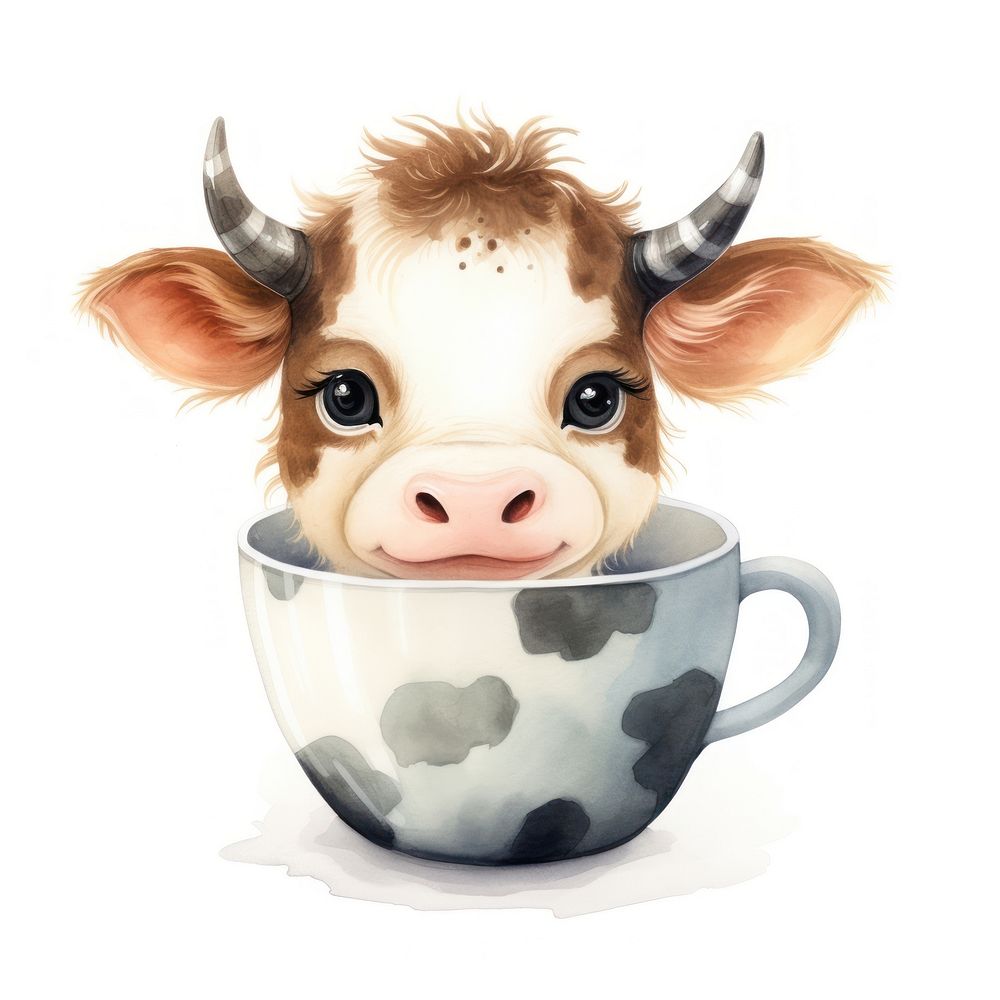 Watercolor cow pop teacup animal livestock cartoon.