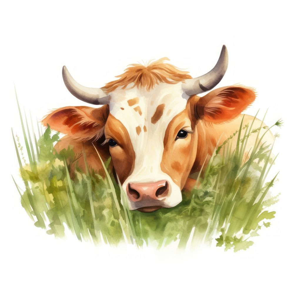 Watercolor cow sleeping animal livestock cartoon.