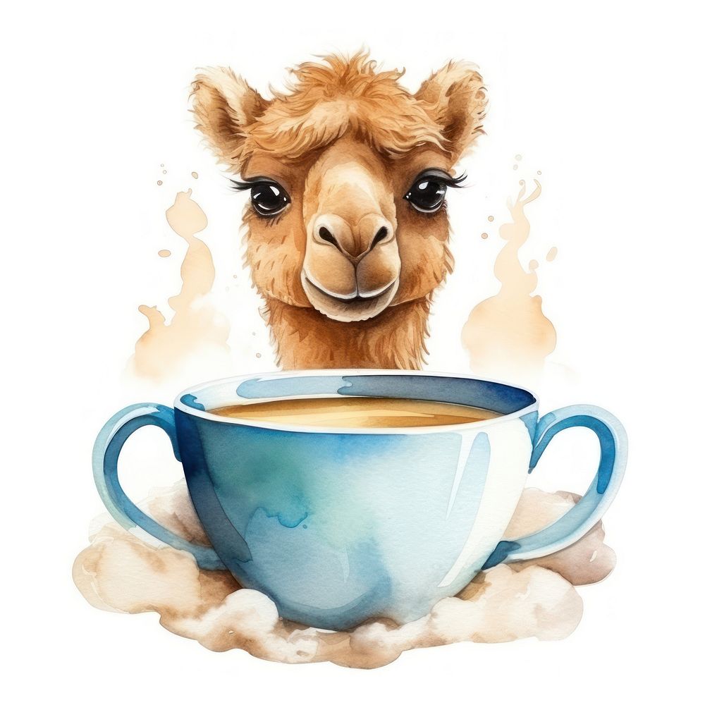 Watercolor camel pop teacup animal cartoon mammal.