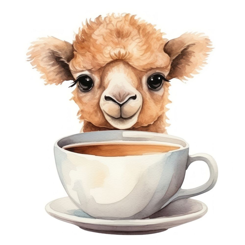 Watercolor camel pop teacup cartoon mammal coffee.