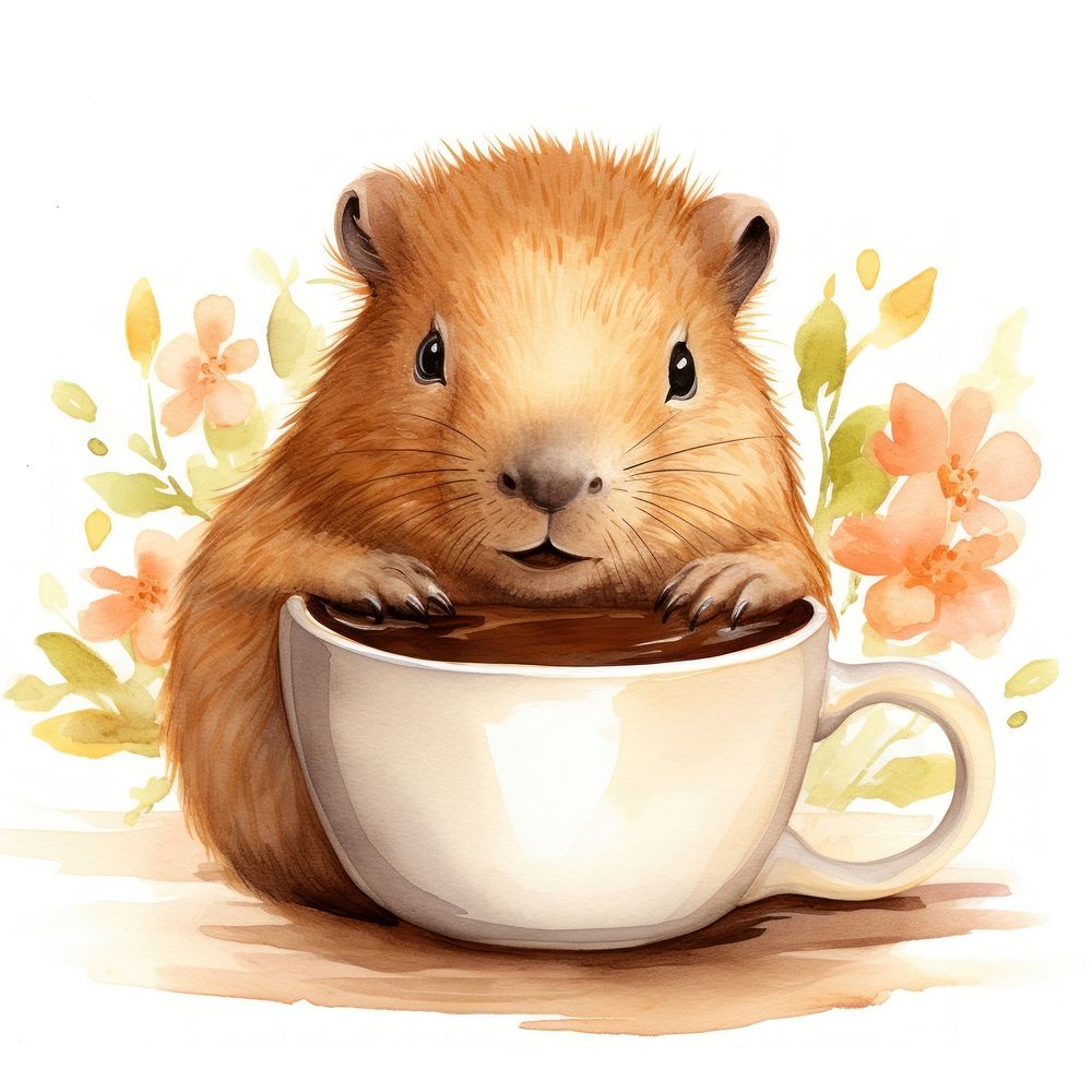 Watercolor capybara pop teacup animal hamster cartoon.