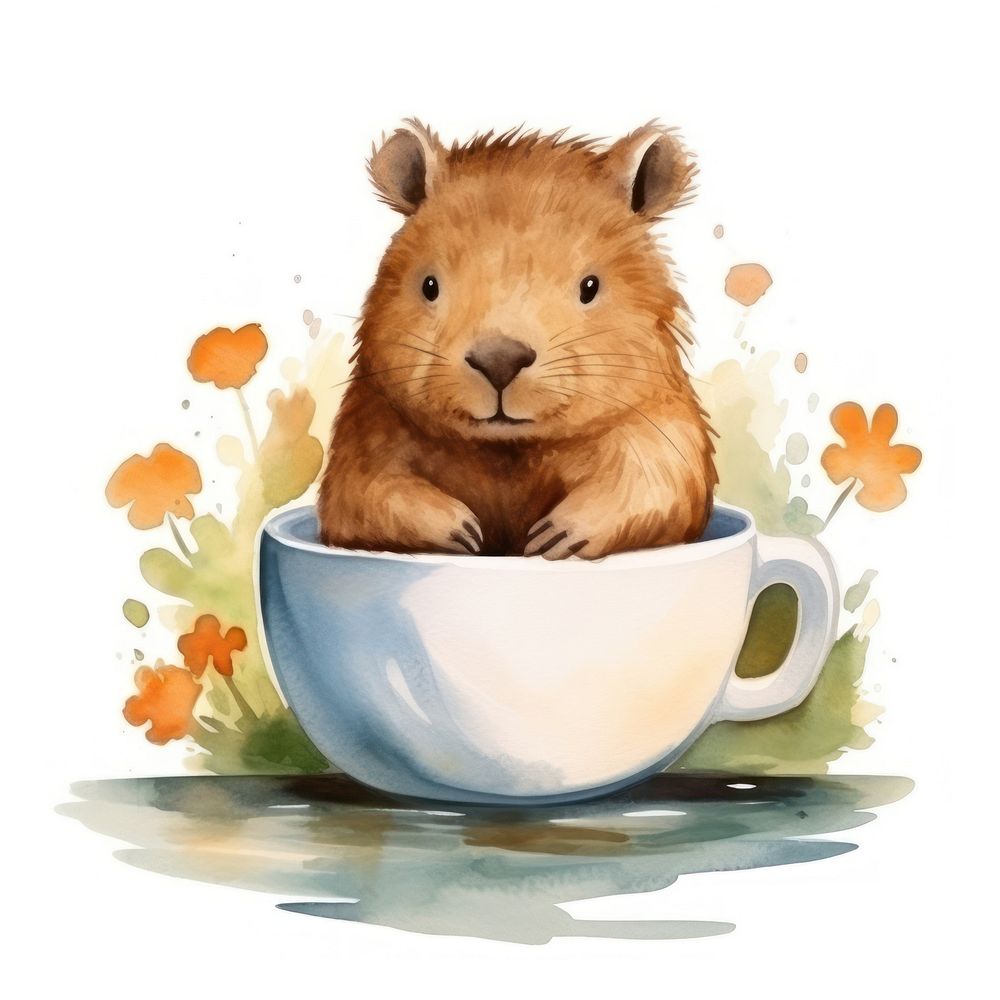 Watercolor capybara pop teacup animal cartoon mammal.