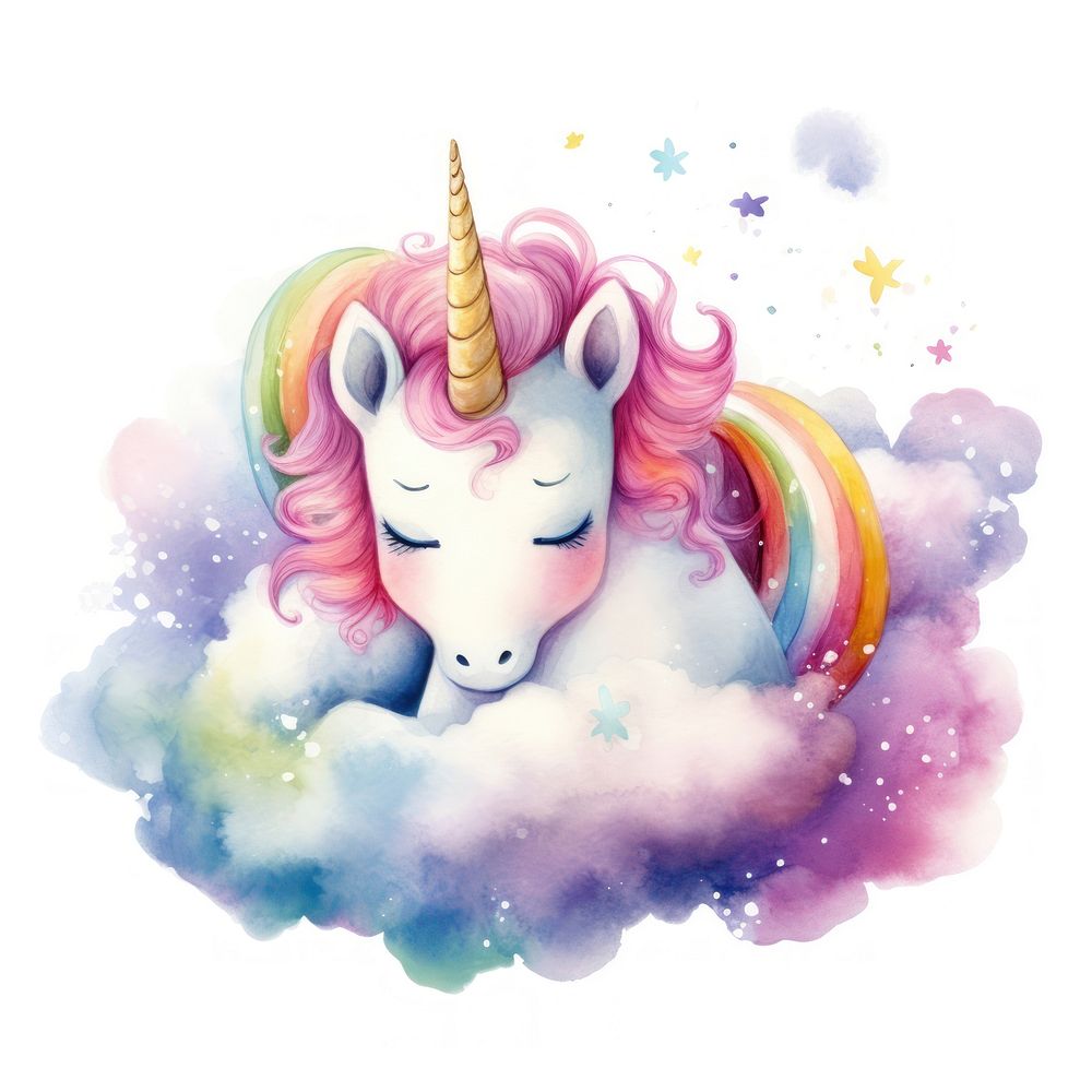 Watercolor baby unicorn sleeping rainbow drawing cartoon.