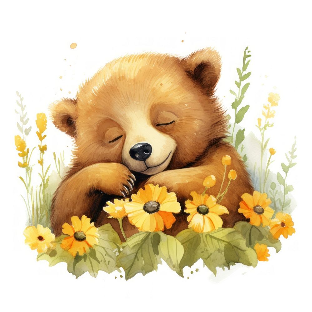 Watercolor baby bear sleeping animal flower cartoon.
