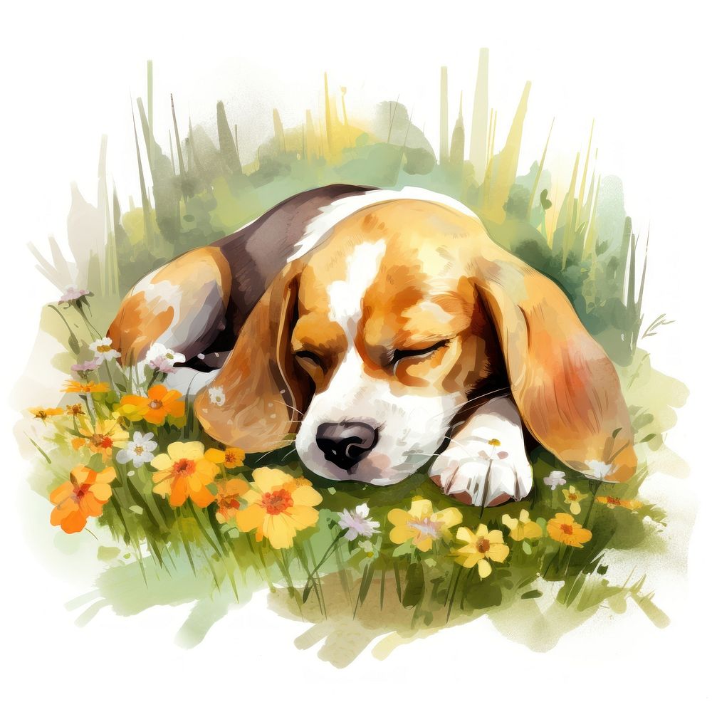 Watercolor beagle sleeping animal cartoon mammal.