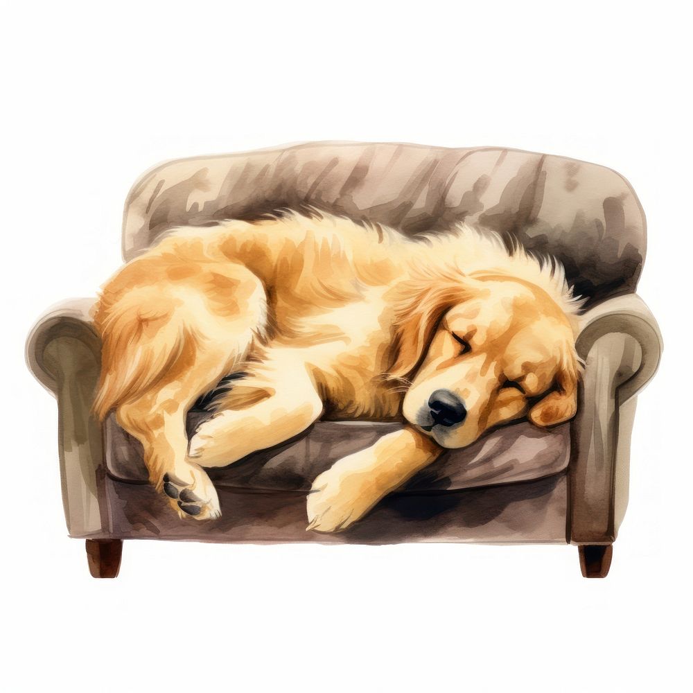 Watercolor bgolden retriever sleeping animal furniture armchair.