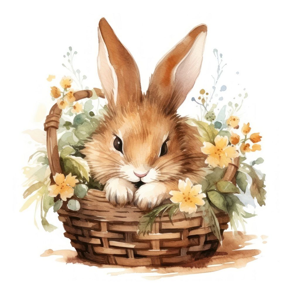 Watercolor brown rabbit sleeping animal basket cartoon.
