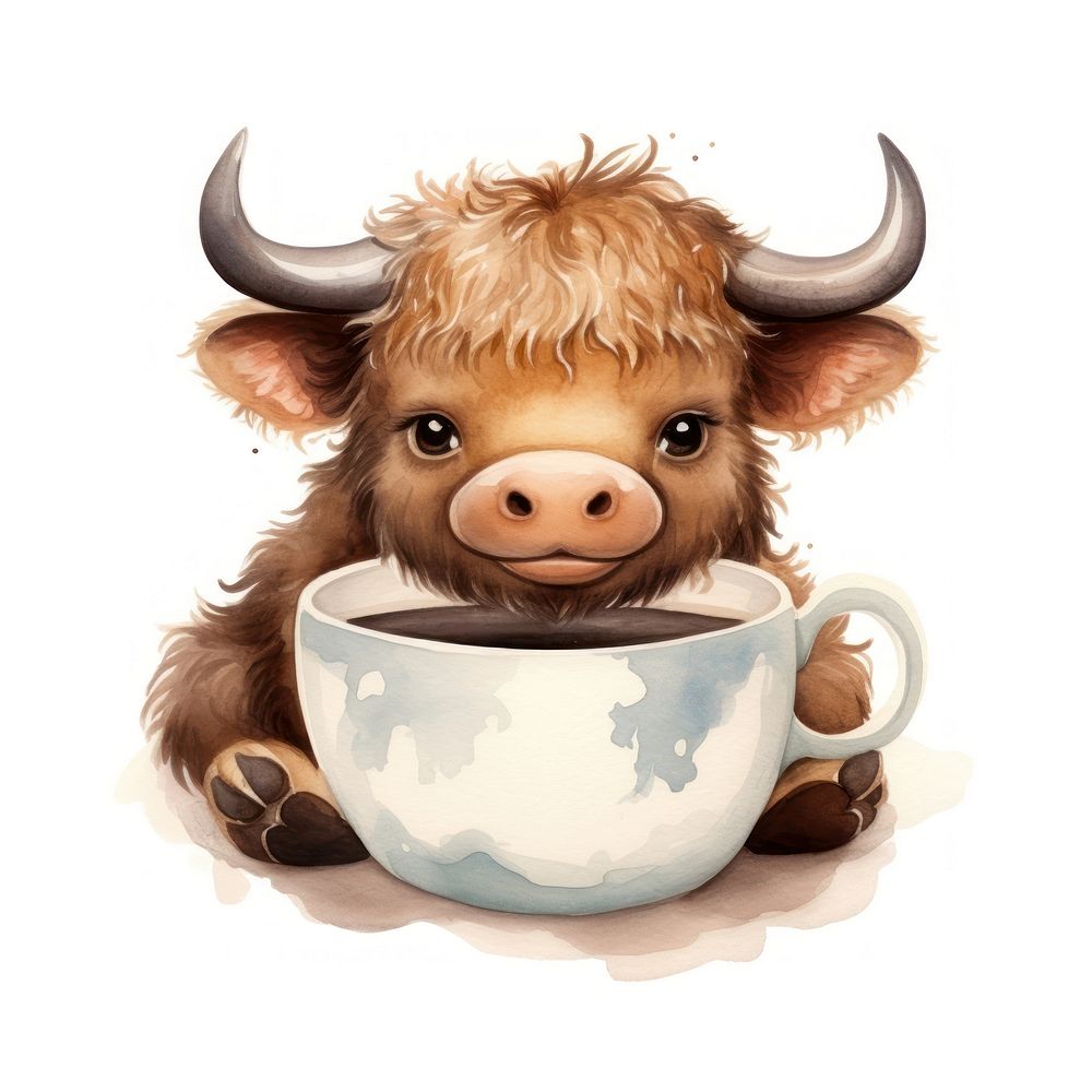 Watercolor buffalo pop teacup animal livestock cartoon.