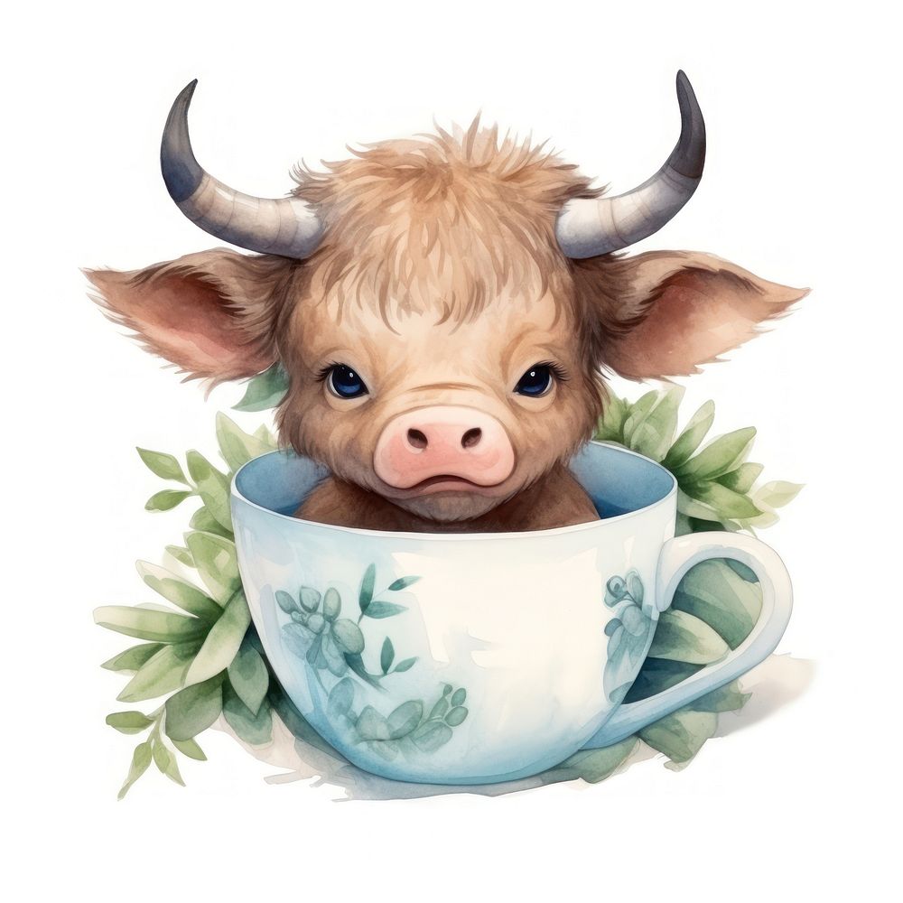 Watercolor buffalo pop teacup animal livestock cartoon.