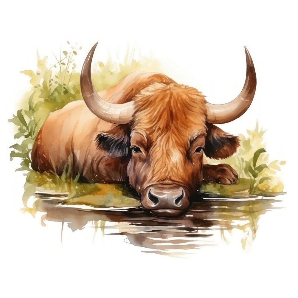 Watercolor buffalo sleeping animal livestock wildlife.
