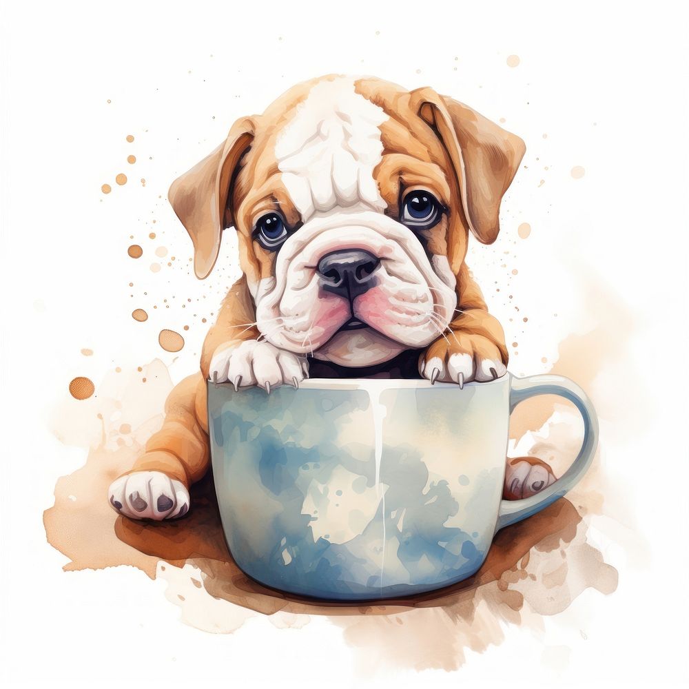 Watercolor bulldog pop teacup animal cartoon mammal.