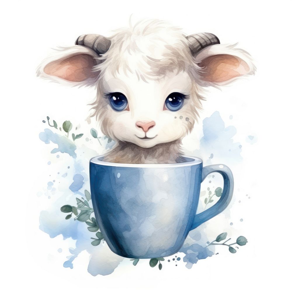 Watercolor goat pop teacup animal cartoon mammal.