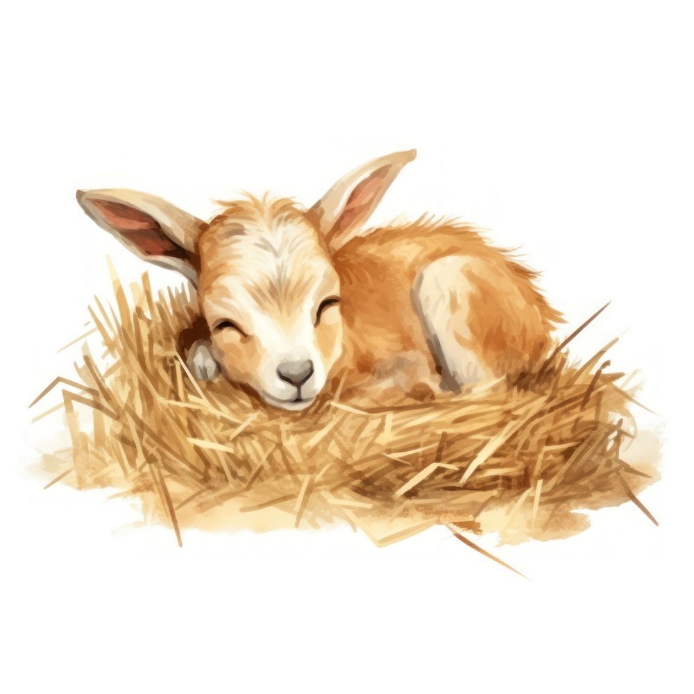 Watercolor goat sleeping animal straw livestock.