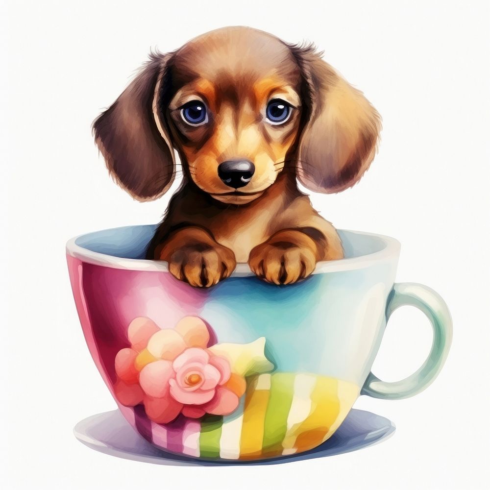 Watercolor dachshund pop teacup cartoon mammal coffee.
