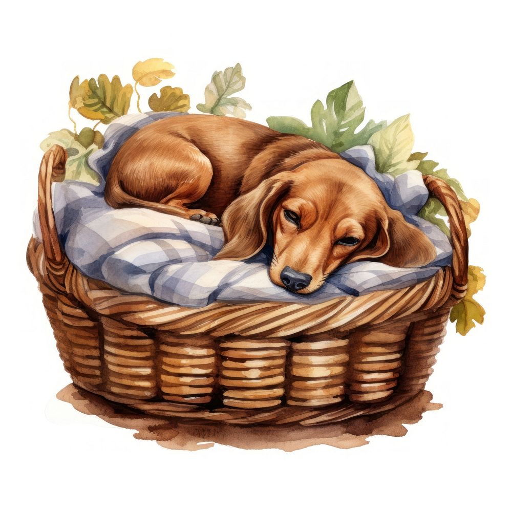 Watercolor dachshund sleeping animal basket cartoon.