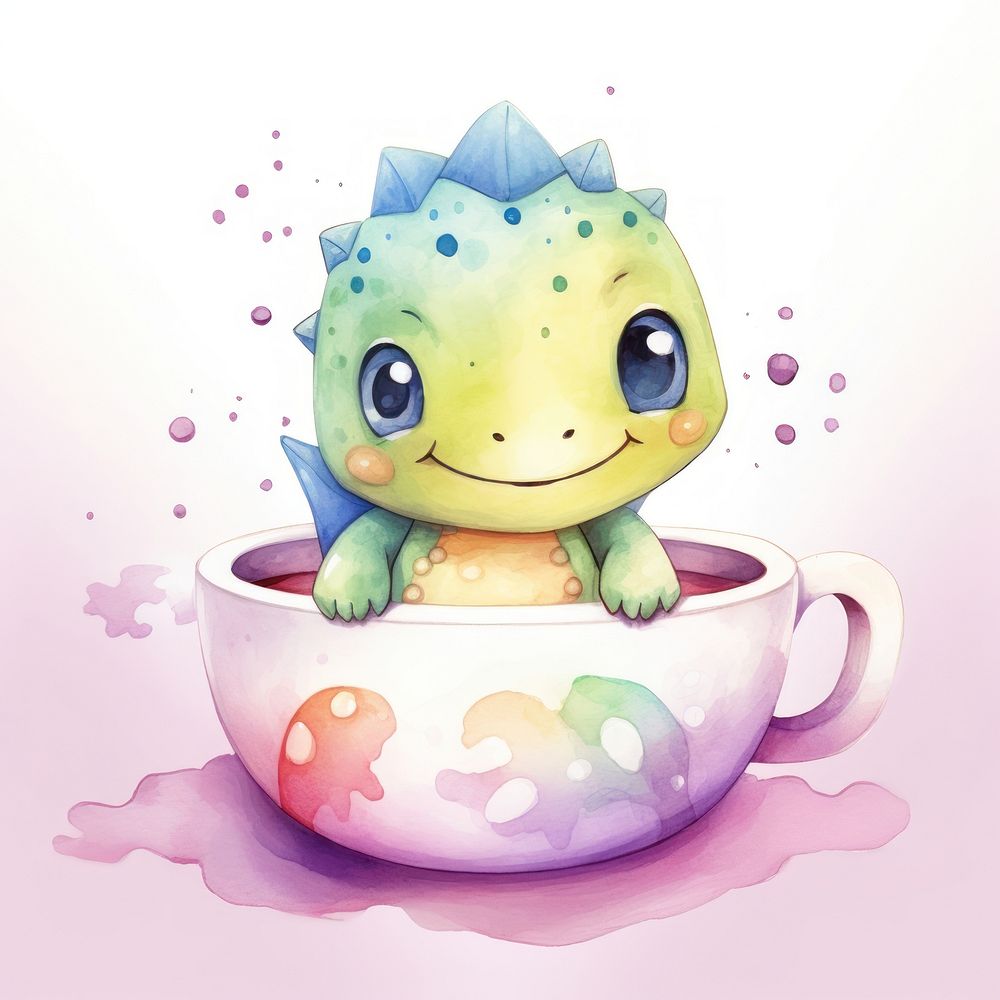 Watercolor dinosaur pop teacup cartoon animal cute.