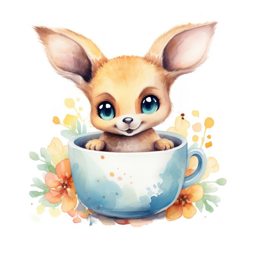 Watercolor fox pop teacup cartoon mammal coffee.