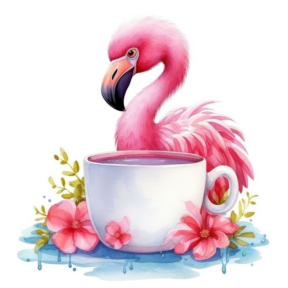 Watercolor flamingo pop teacup cartoon animal bird.