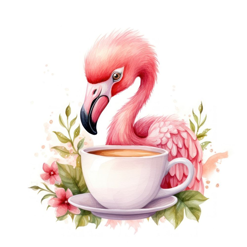 Watercolor flamingo pop teacup cartoon coffee animal.