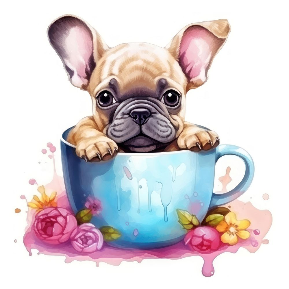 Watercolor french bulldog pop teacup cartoon mammal animal.