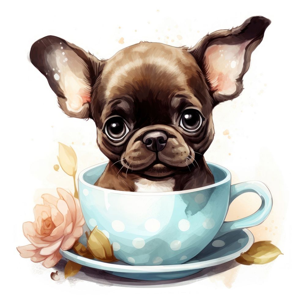 Watercolor french bulldog pop teacup cartoon mammal saucer.