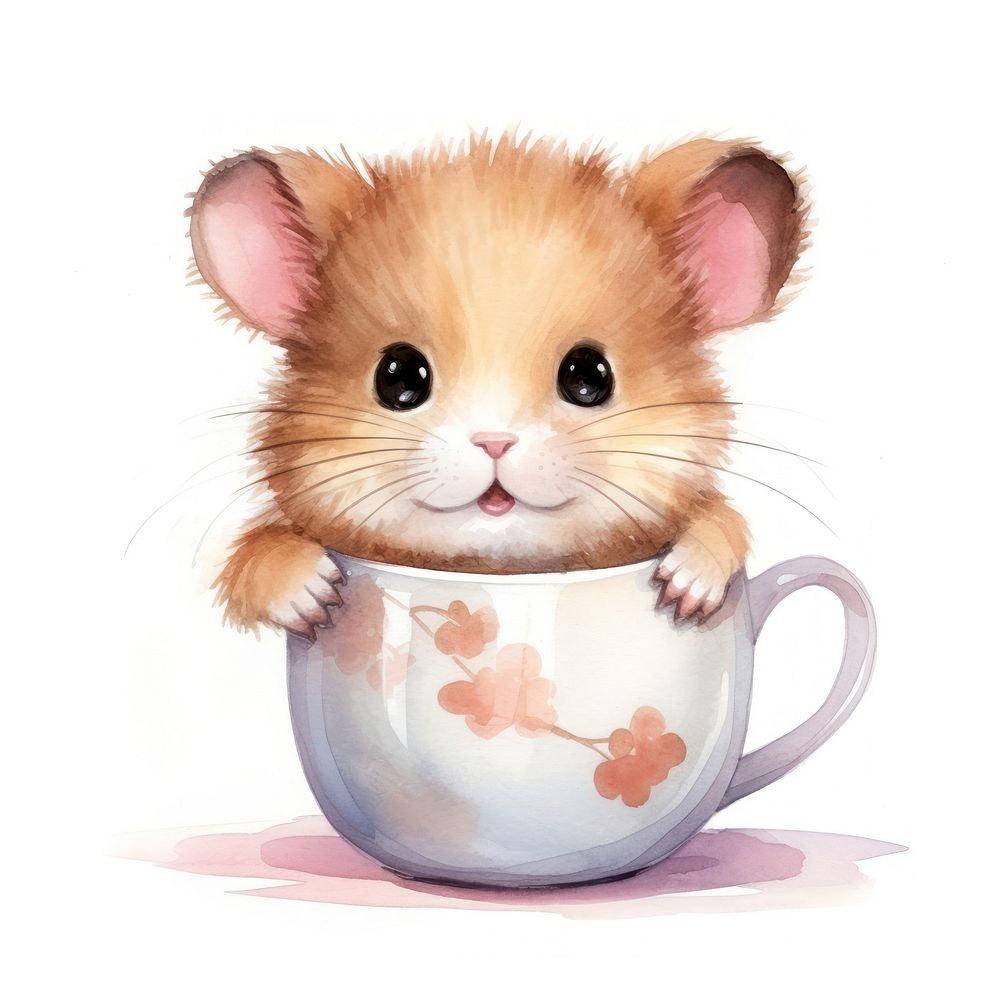 Watercolor hamster pop teacup cartoon rodent mammal.