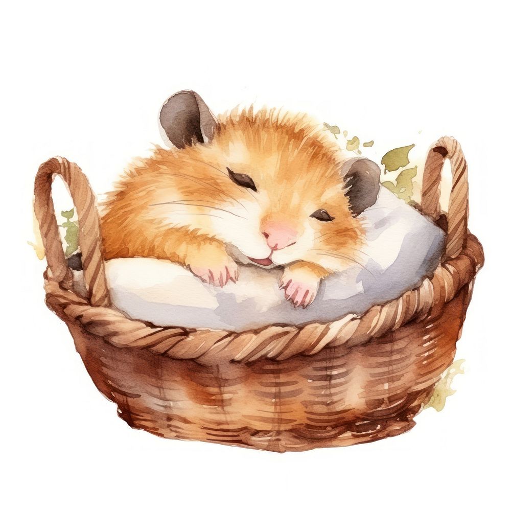 Watercolor hamster sleeping animal basket cartoon.