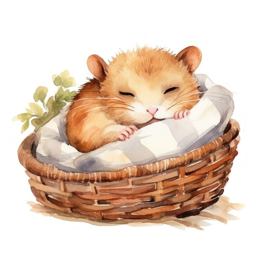 Watercolor hamster sleeping animal basket rat.