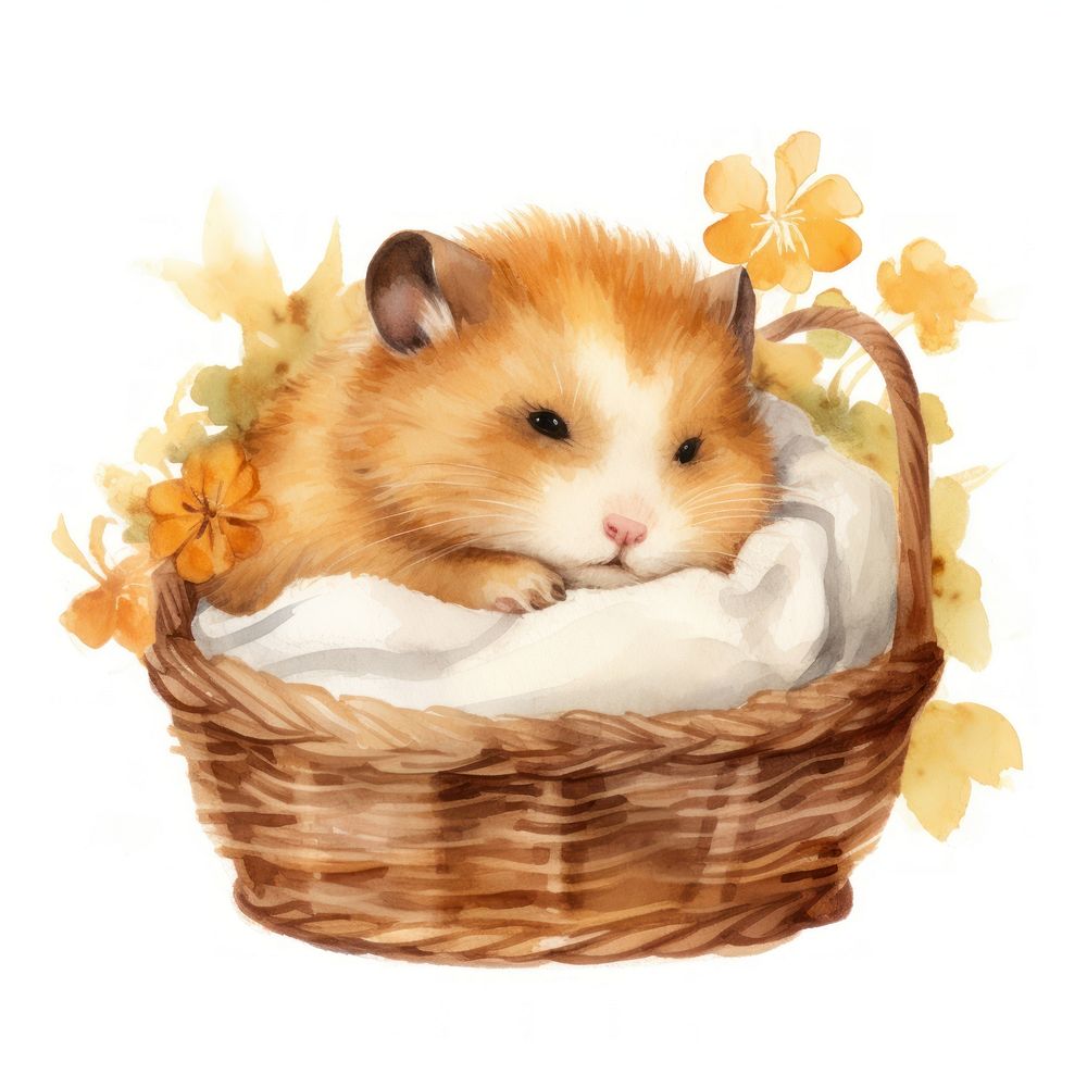 Watercolor hamster sleeping animal basket rat.