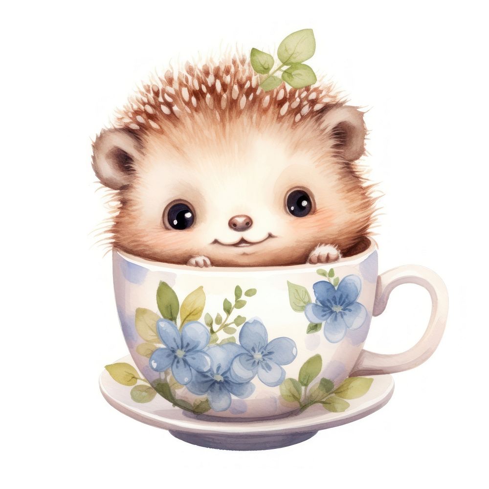 Watercolor hedgehog pop teacup cartoon mammal animal.