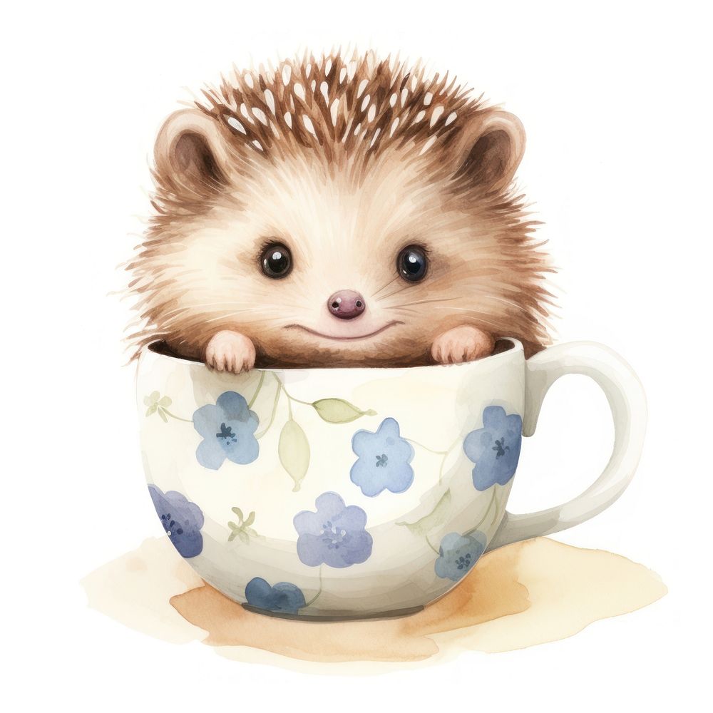 Watercolor hedgehog pop teacup cartoon mammal animal.