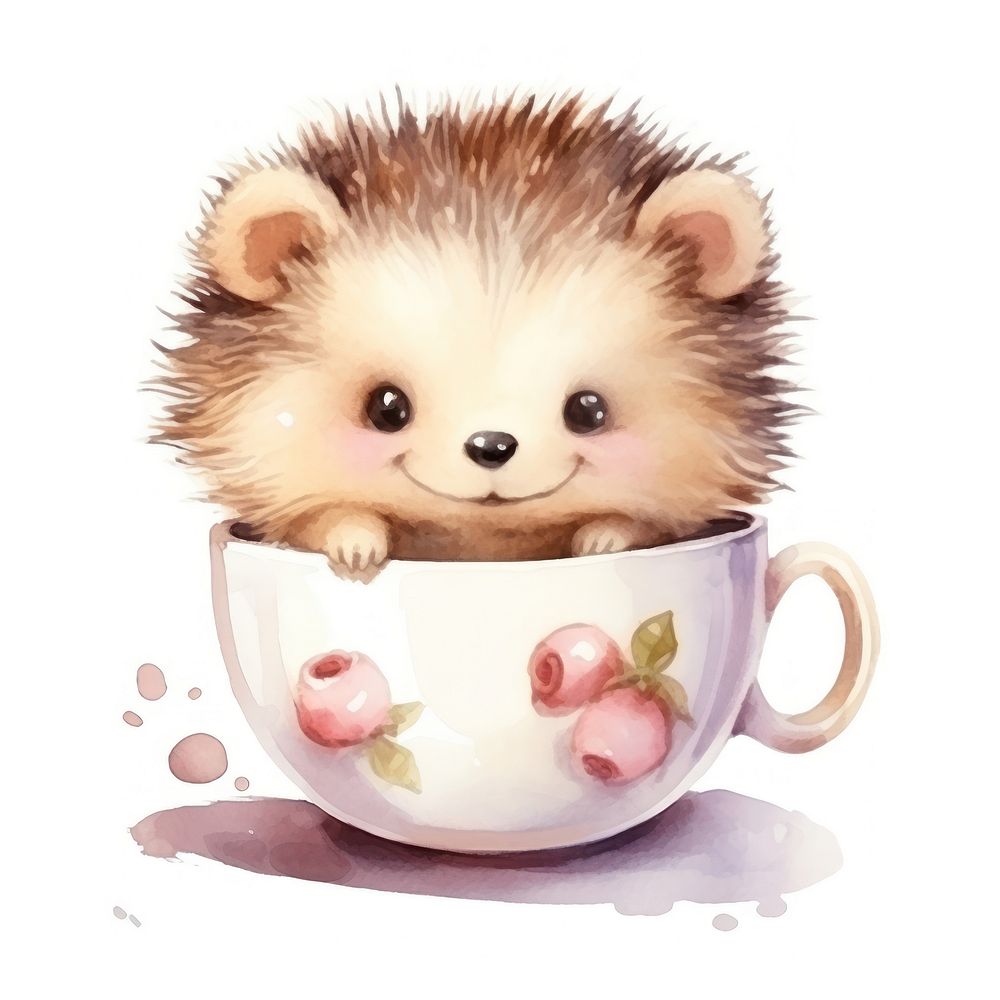 Watercolor hedgehog pop teacup cartoon mammal rodent.