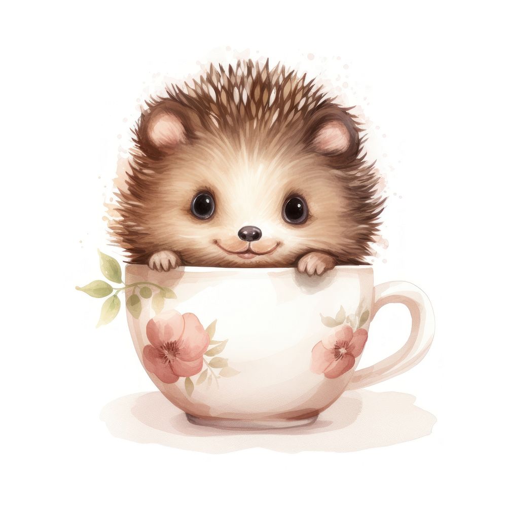 Watercolor hedgehog pop teacup cartoon mammal animal.